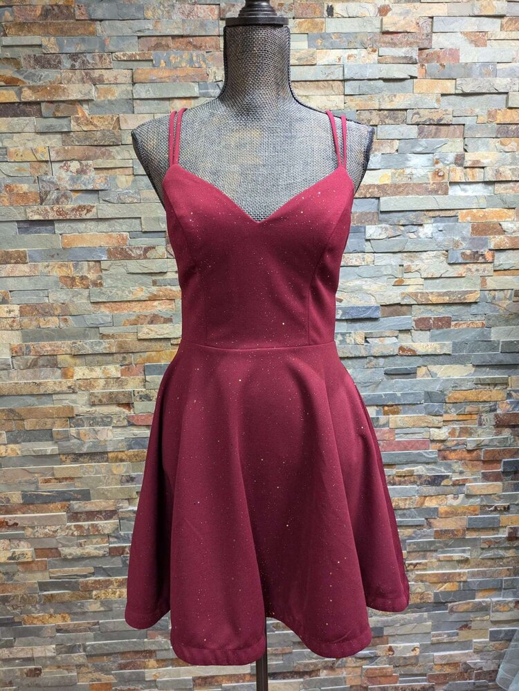 City Studio Cranberry Red Fit N' Flare Dress w/ Gold Specks, Size 9