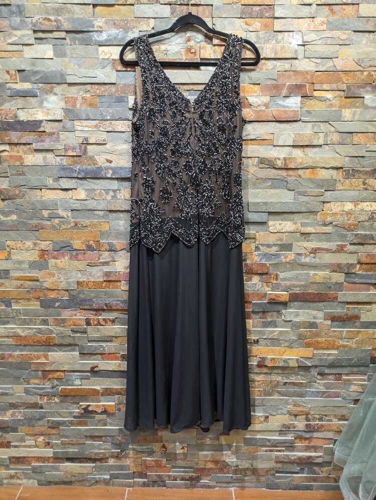 Pisarro Nights Black Dress w/ Beaded Bodice, Size 16