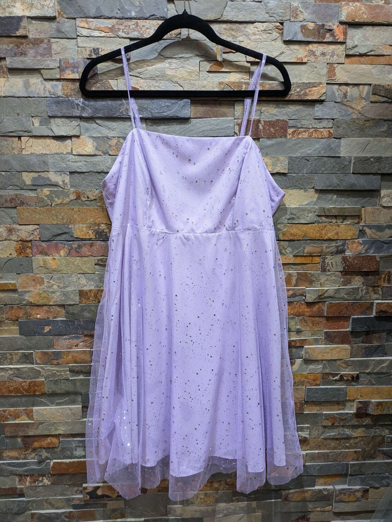 JJ s House Lavender Dress w Silver Spotted Mesh Overlay XXL