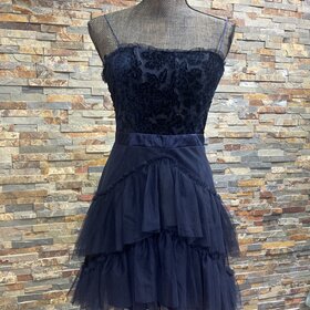 City Studio Navy Velvet Floral Corset Top with 3 Tiers Of Tulle Ruffle Skirt Dress