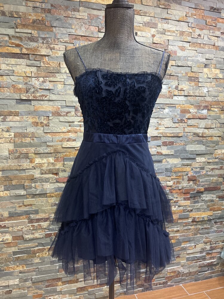 City Studio Navy Velvet Floral Corset Top with 3 Tiers Of Tulle Ruffle Skirt Dress