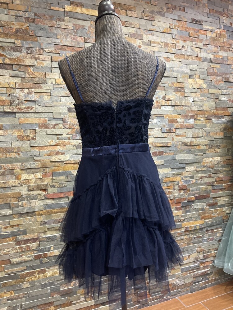 City Studio Navy Velvet Floral Corset Top with 3 Tiers Of Tulle Ruffle Skirt Dress