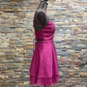 City Studio Hot Pink Dotted Double Ruffle Dress w/Lace-Up Back, Size 9