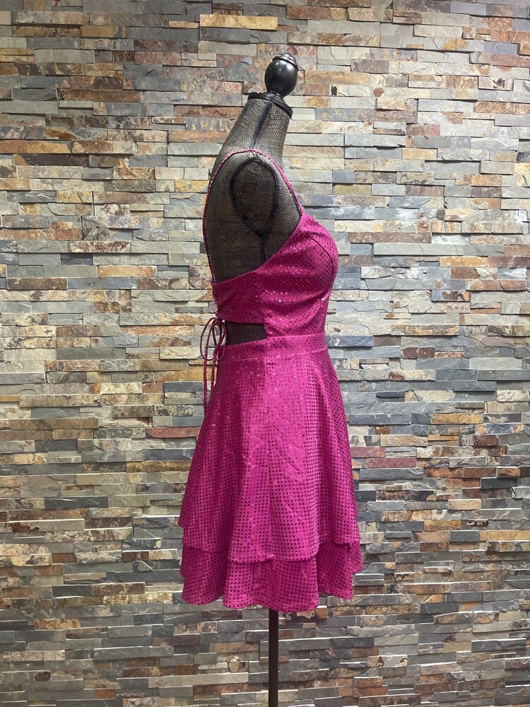 City Studio Hot Pink Dotted Double Ruffle Dress w/Lace-Up Back, Size 9