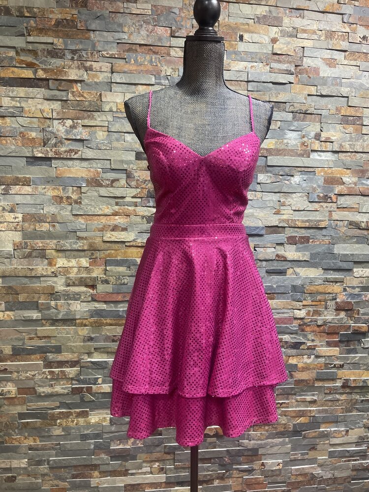 City Studio Hot Pink Dotted Double Ruffle Dress w/Lace-Up Back, Size 9