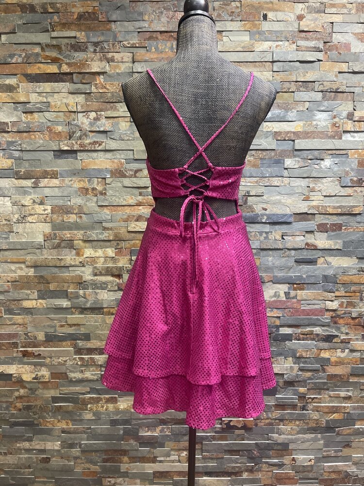 City Studio Hot Pink Dotted Double Ruffle Dress w/Lace-Up Back, Size 9
