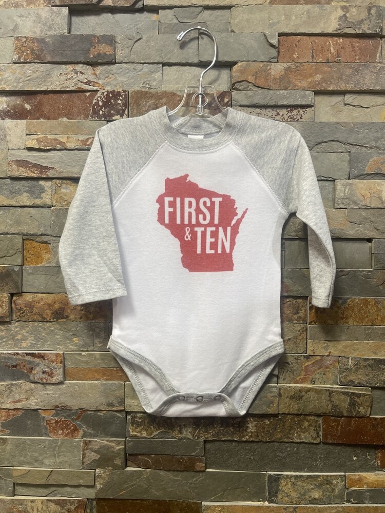 White & Gray First & Ten Long Sleeve Onesie