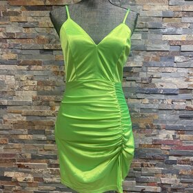 Emerald Sundae Neon Lime Ruched Bodycon Satin Dress