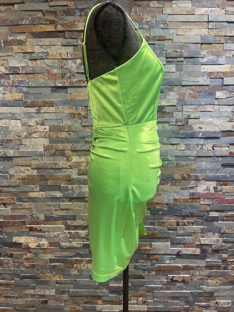 Emerald Sundae Neon Lime Ruched Bodycon Satin Dress