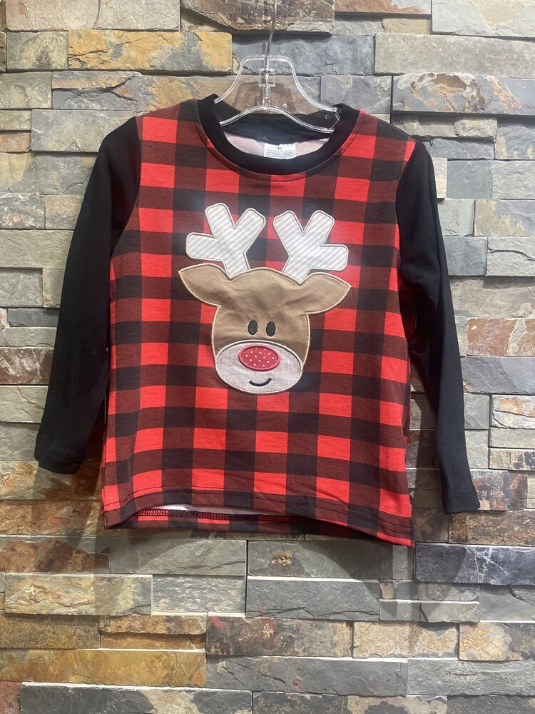 Red & Black Buffalo Plaid Reindeer Top