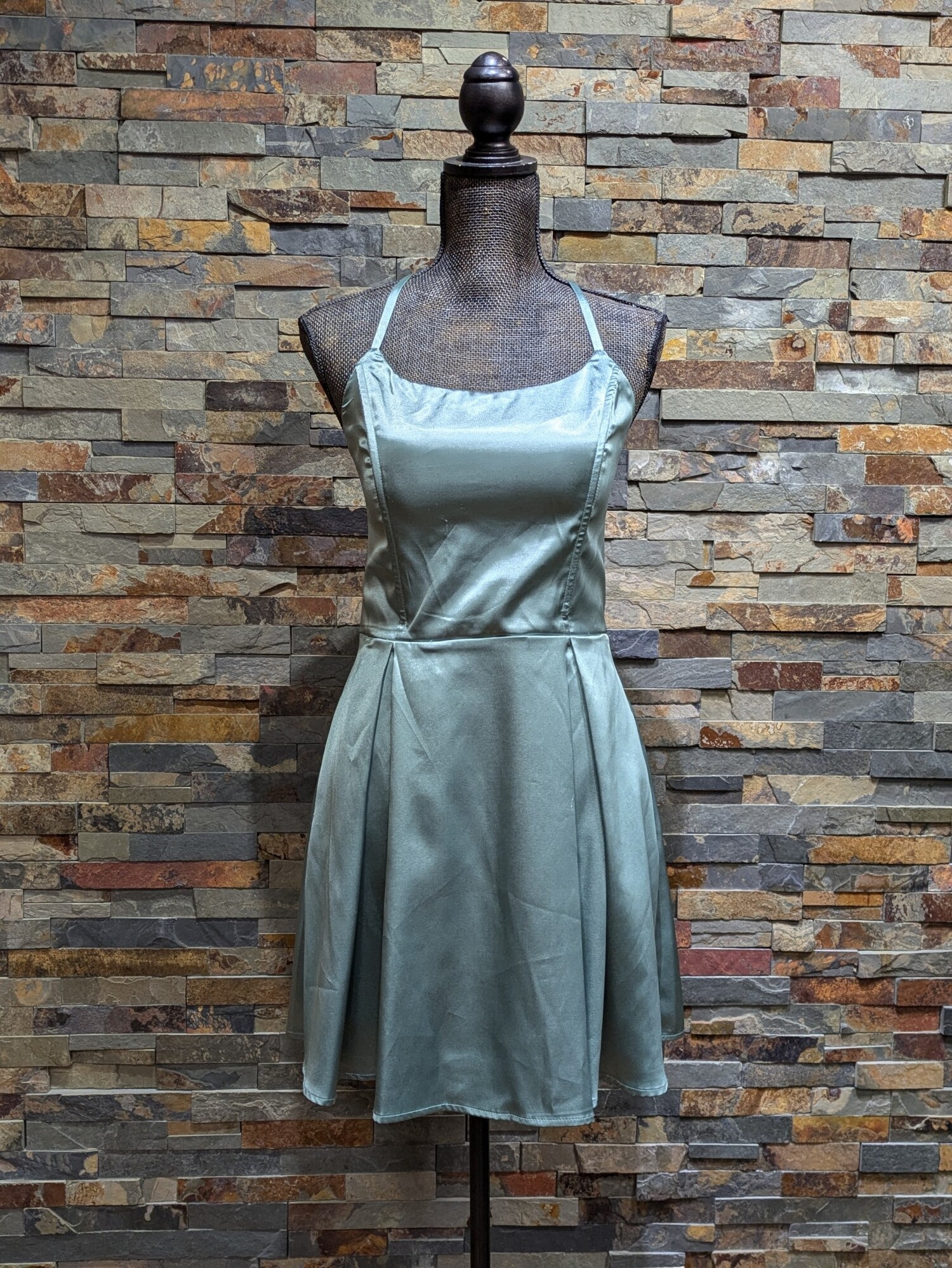 Sage Green Satin Strappy Criss Cross Back w/ Pockets Dress - Elements  Unleashed