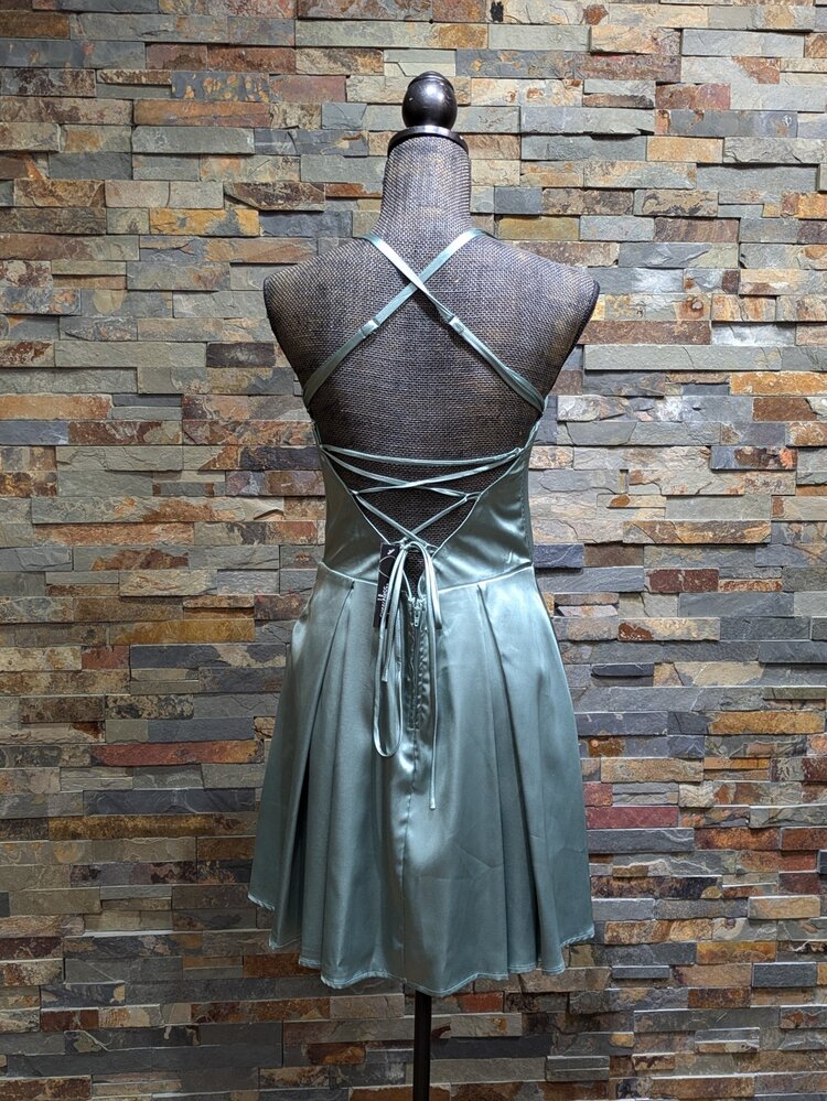 Speechless Sage Green Satin Strappy Criss Cross Back w/ Pockets Dress