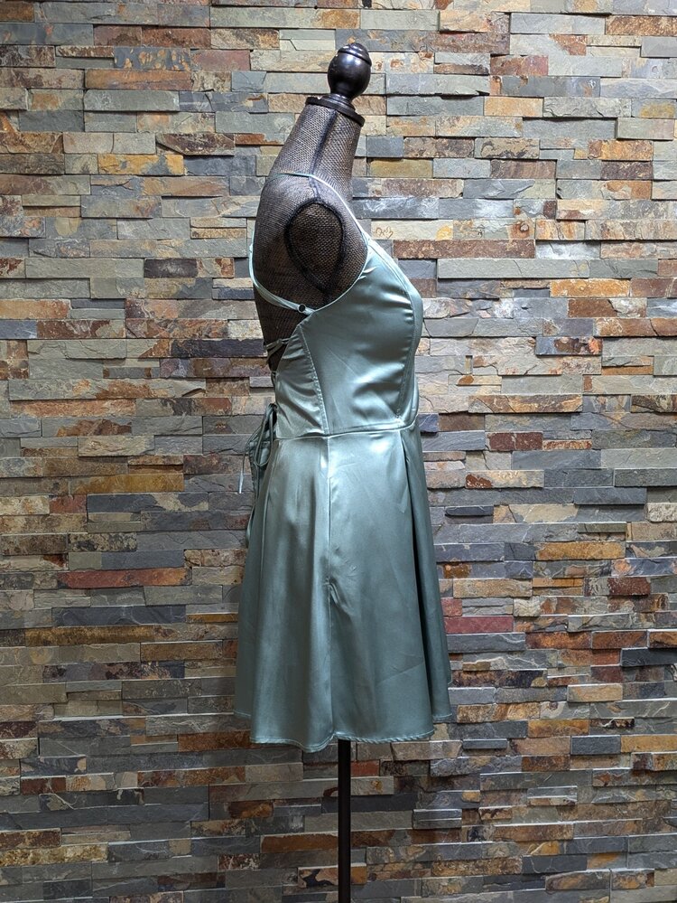 Speechless Sage Green Satin Strappy Criss Cross Back w/ Pockets Dress