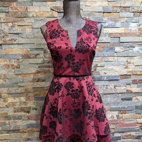 City Studio Burgundy Dress with Black Velvet Roses