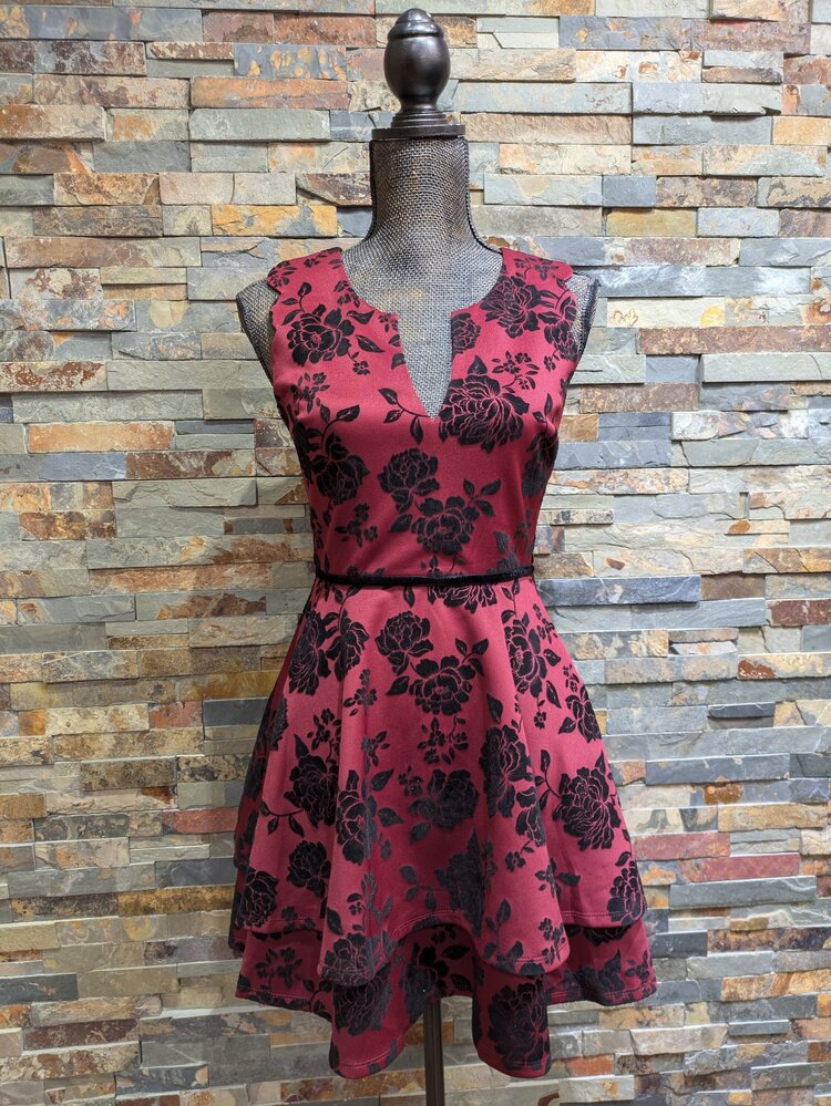 City Studio Burgundy Dress with Black Velvet Roses