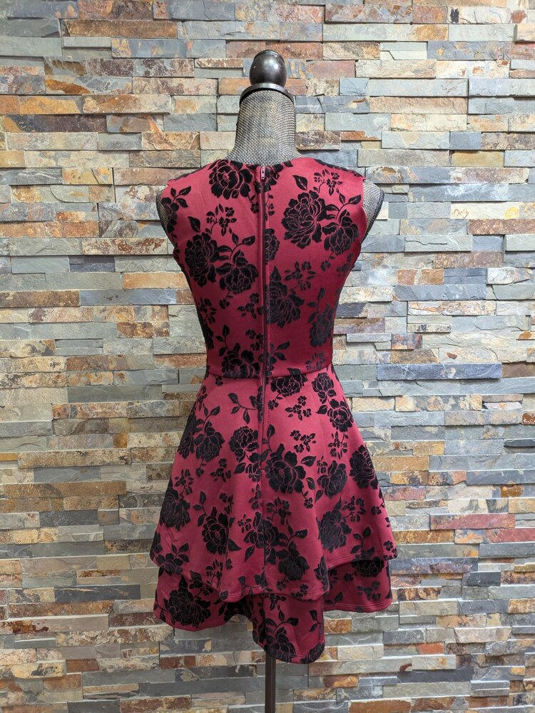 City Studio Burgundy Dress with Black Velvet Roses