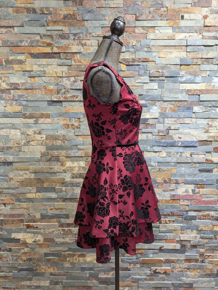 City Studio Burgundy Dress with Black Velvet Roses