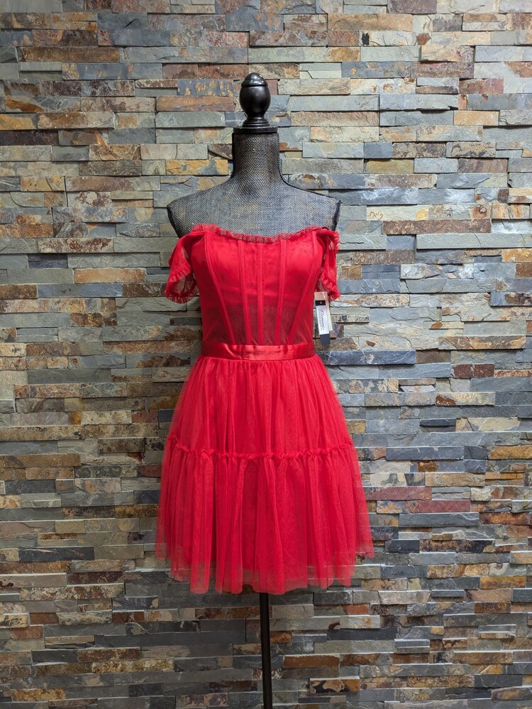 City Studio Red Corset Cold Shoulder Tulle Dress,  Size 9