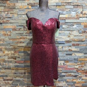 B Darlin Burgundy Sequin Off the Shoulder Dress, Size 13/14