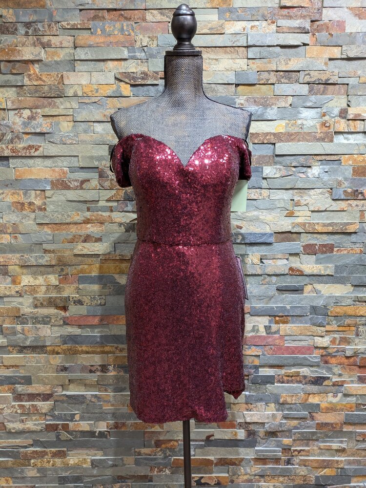 B Darlin Burgundy Sequin Off the Shoulder Dress, Size 13/14