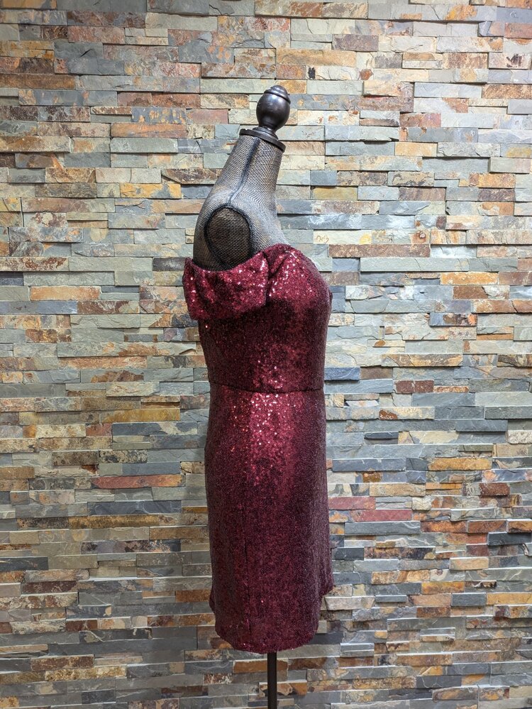 B Darlin Burgundy Sequin Off the Shoulder Dress, Size 13/14