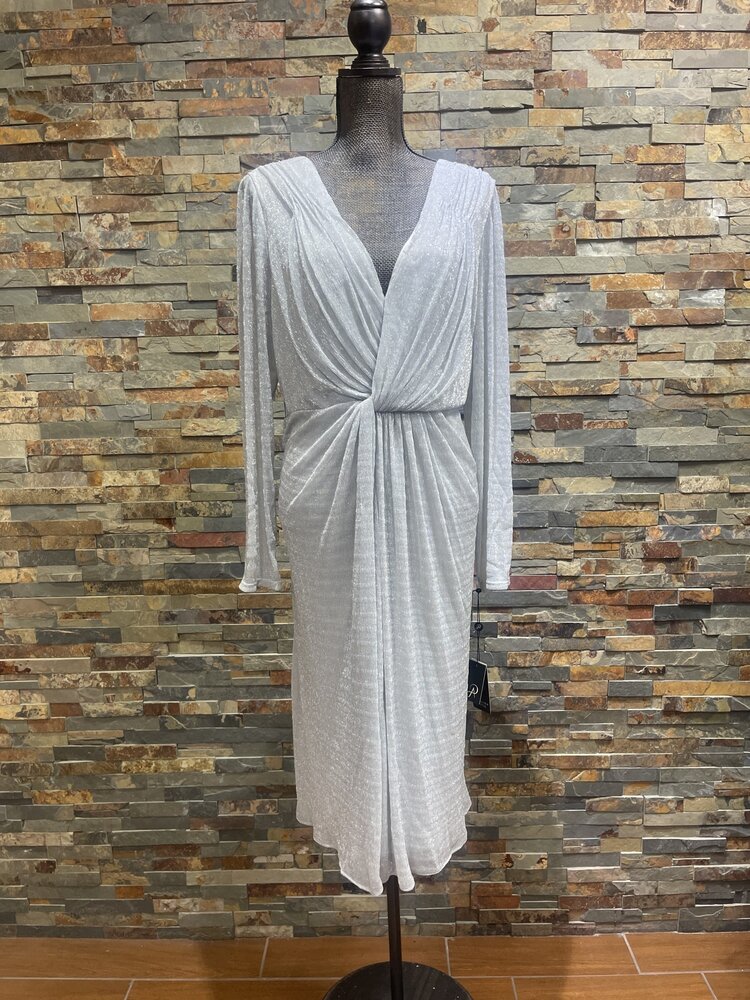 Adrianna Papell Silver Long Sleeve V-neck Ruched Dress, Size 20
