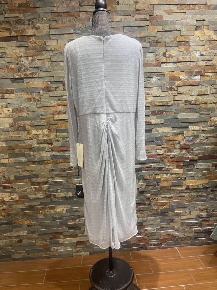 Adrianna Papell Silver Long Sleeve V-neck Ruched Dress, Size 20