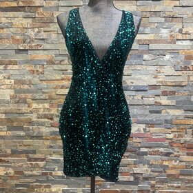 Dark Green All Over Sequin V-neck Bodycon Dress, Size S