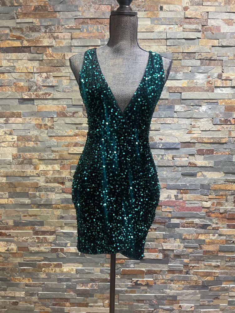 Dark Green All Over Sequin V-neck Bodycon Dress, Size S