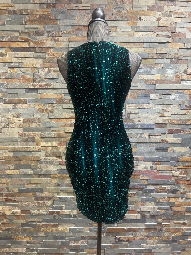 Dark Green All Over Sequin V-neck Bodycon Dress, Size S