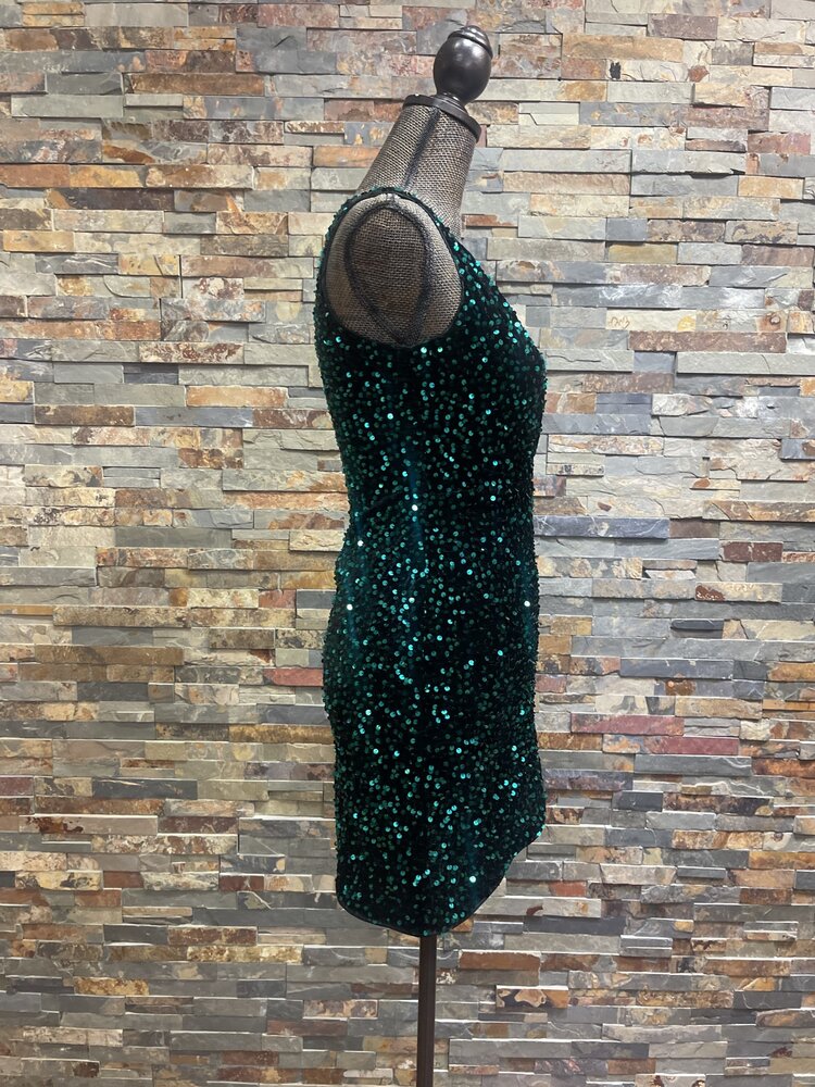 Dark Green All Over Sequin V-neck Bodycon Dress, Size S