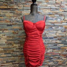 Iris Basic Red Side Rouched Satin Bodycon Dress