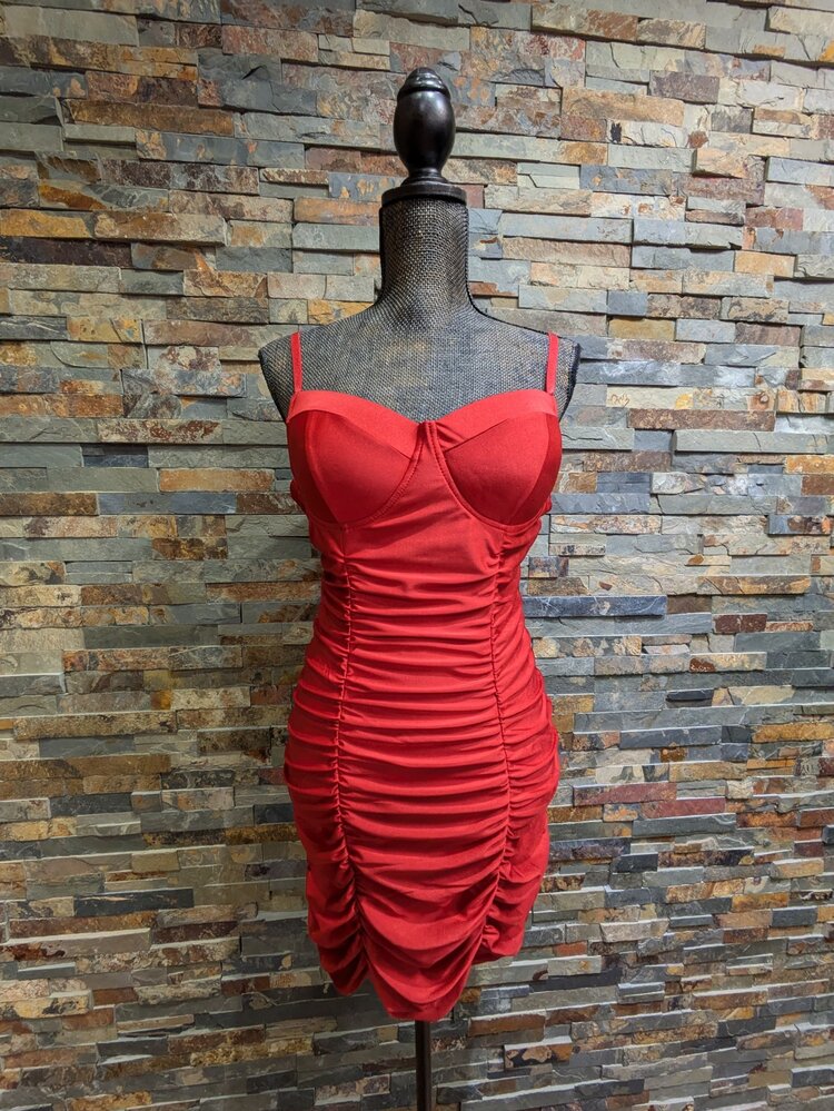 Iris Basic Red Side Rouched Satin Bodycon Dress