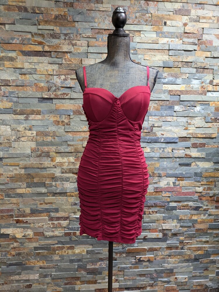 Iris Basic Deep Wine Rouched Knit Bodycon Dress
