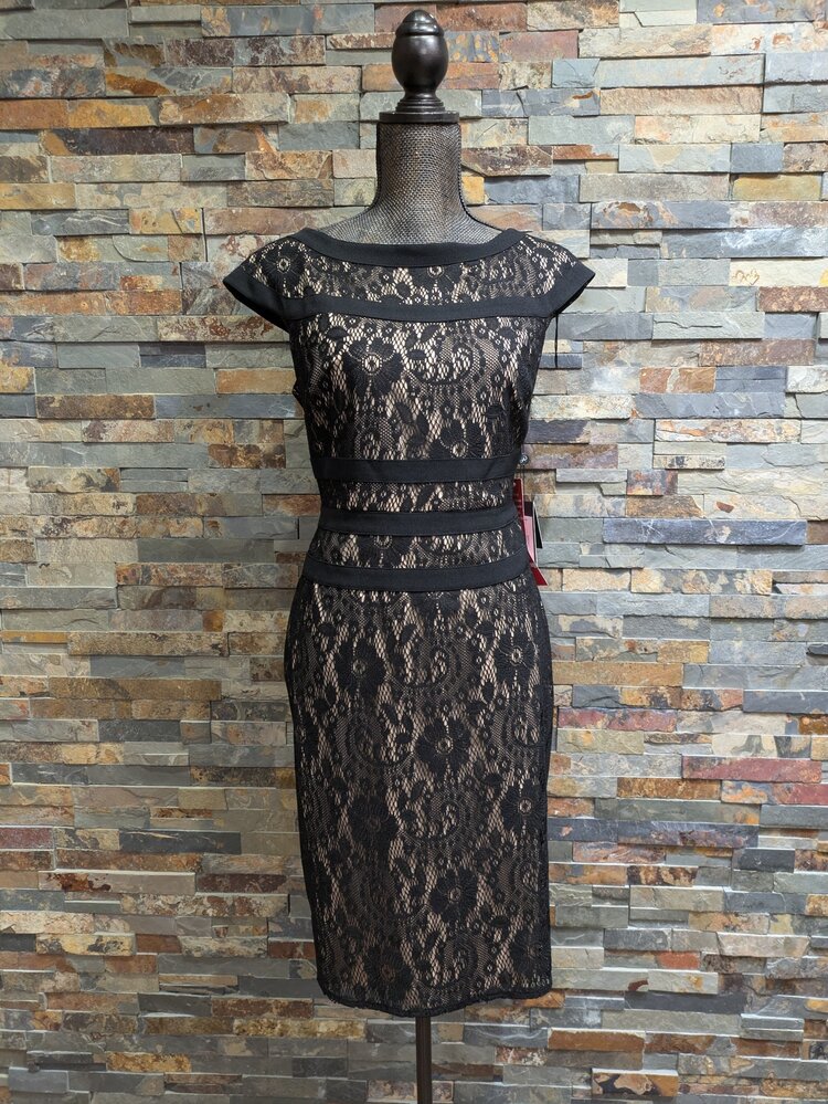 Adrianna Papell Black Nude Lace Sheath Dress, Size 12