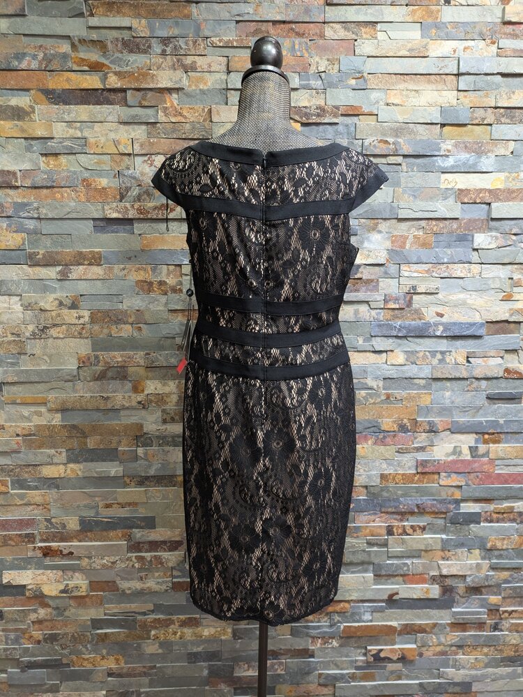 Adrianna Papell Black Nude Lace Sheath Dress, Size 12