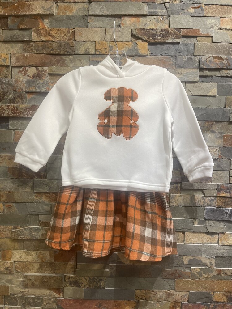 Autumn Orange Plaid Flannel Skirt & Bear Hoodie