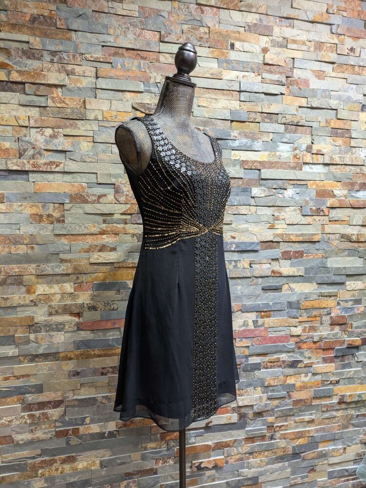 Adrianna Papell Black Beaded Dress w/Leather Accents, Size 5