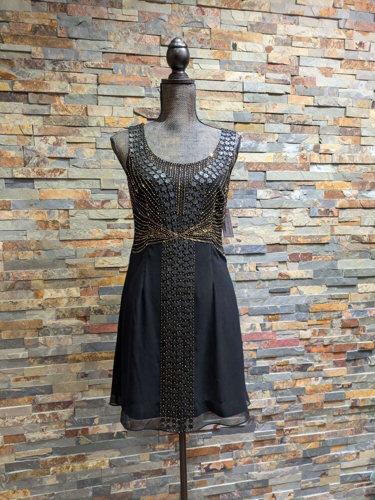 Adrianna Papell Black Beaded Dress w/Leather Accents, Size 5