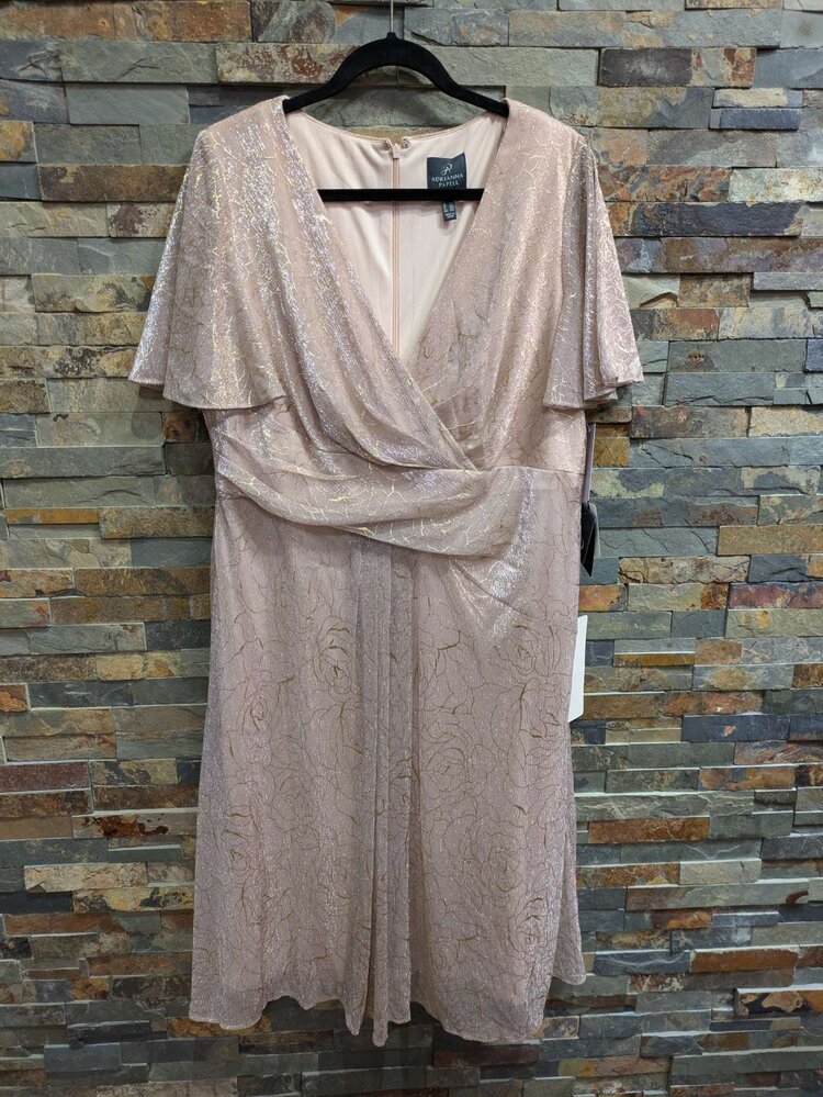 Adrianna Papell Rose Pink Cap Sleeve Dress w/ Gold Floral Details, Size 16W