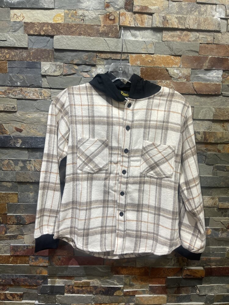 Beige & Brown Plaid Hooded Flannel Shirt