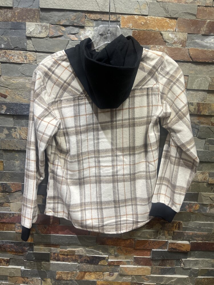Beige & Brown Plaid Hooded Flannel Shirt