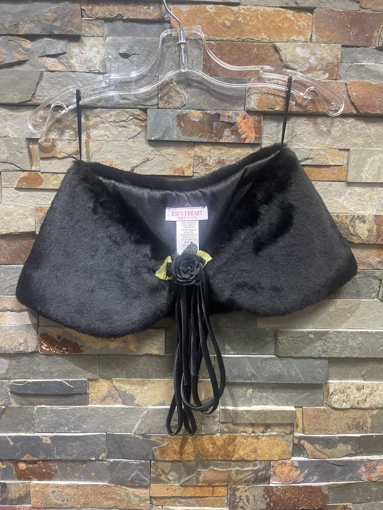 Black Faux Fur Girls Shawl with Flower
