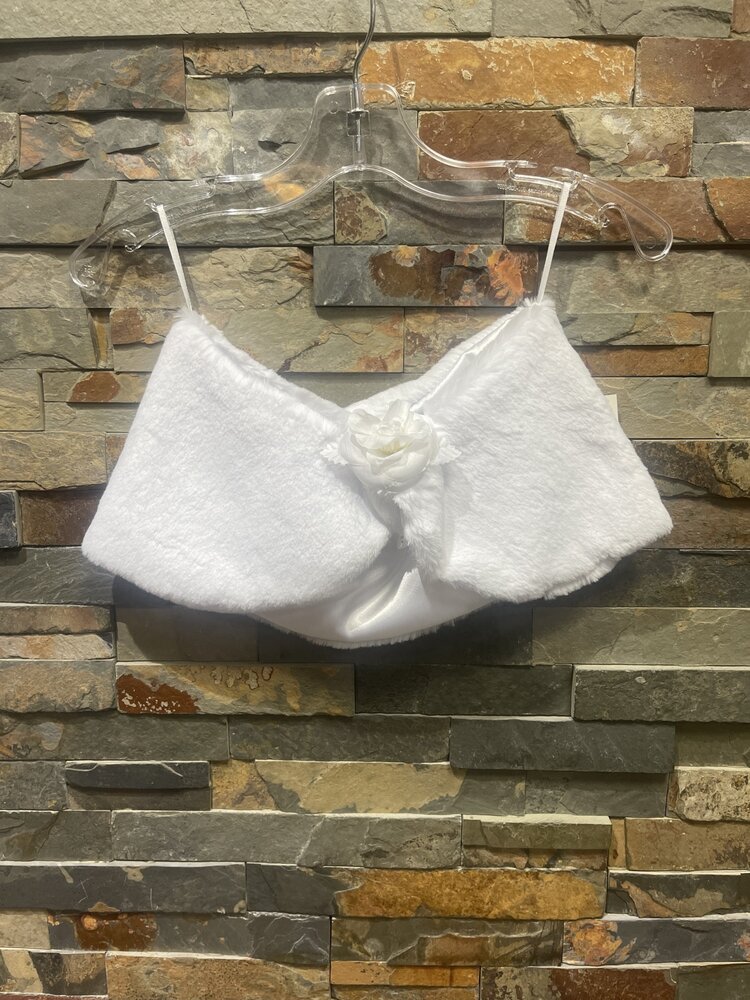 White Faux Fur Girls Shawl with Flower