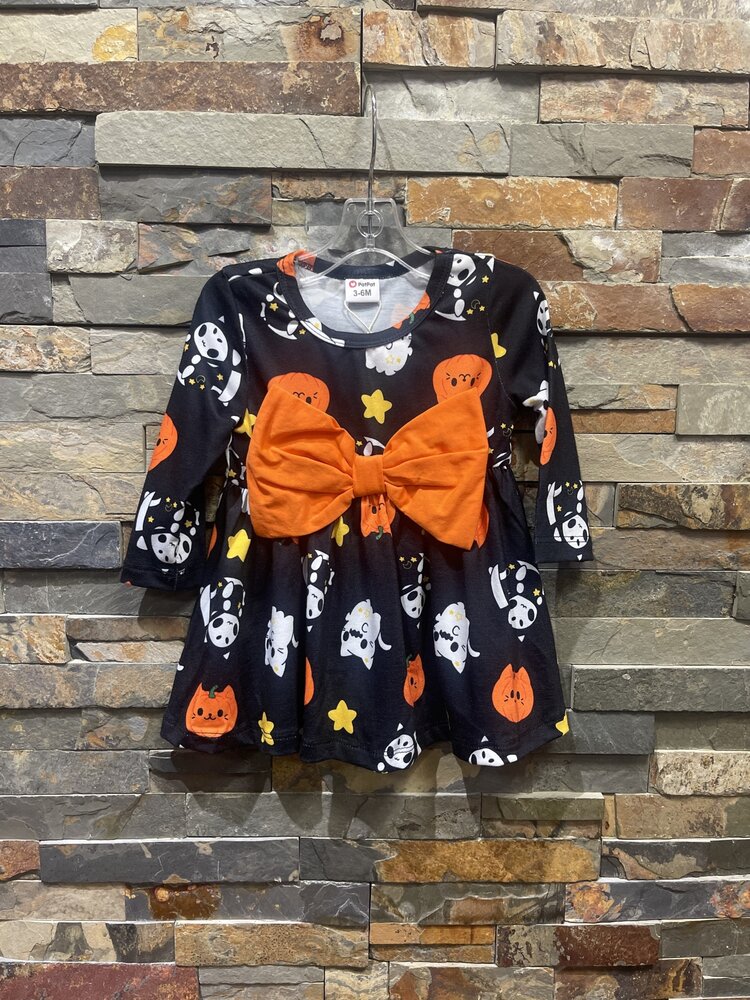 Black Halloween Print Dress w/Orange Bow