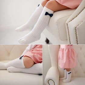 Ivory Knee Socks w/ Navy Bow Accent