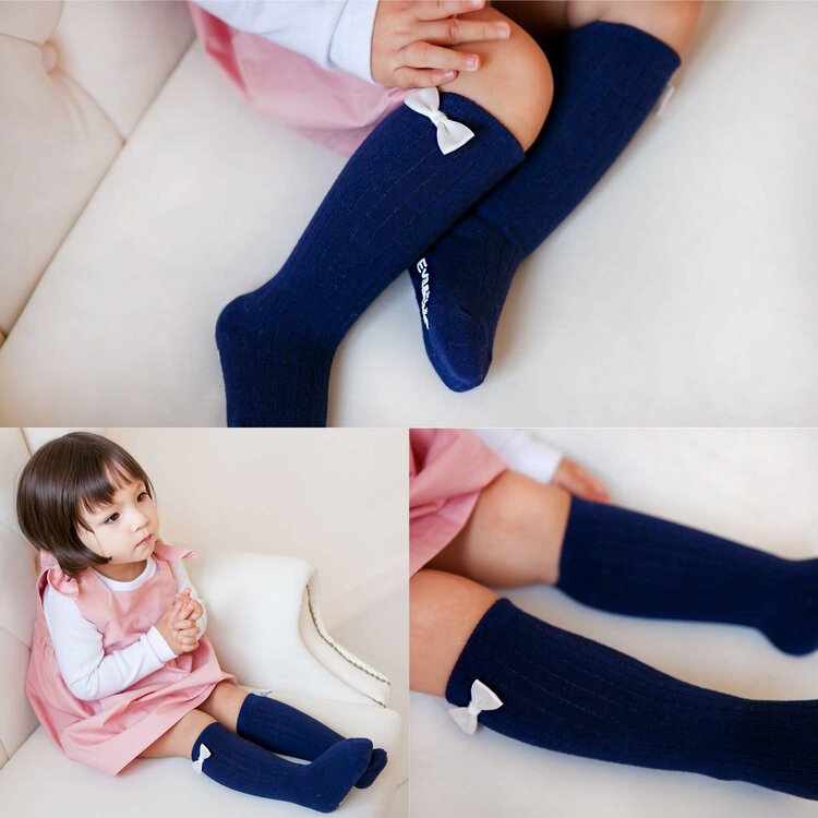 Navy Knee Socks w/ White Bow Accent
