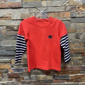 Tomato Red T-shirt w Navy Striped Sleeves and Elephant Patch