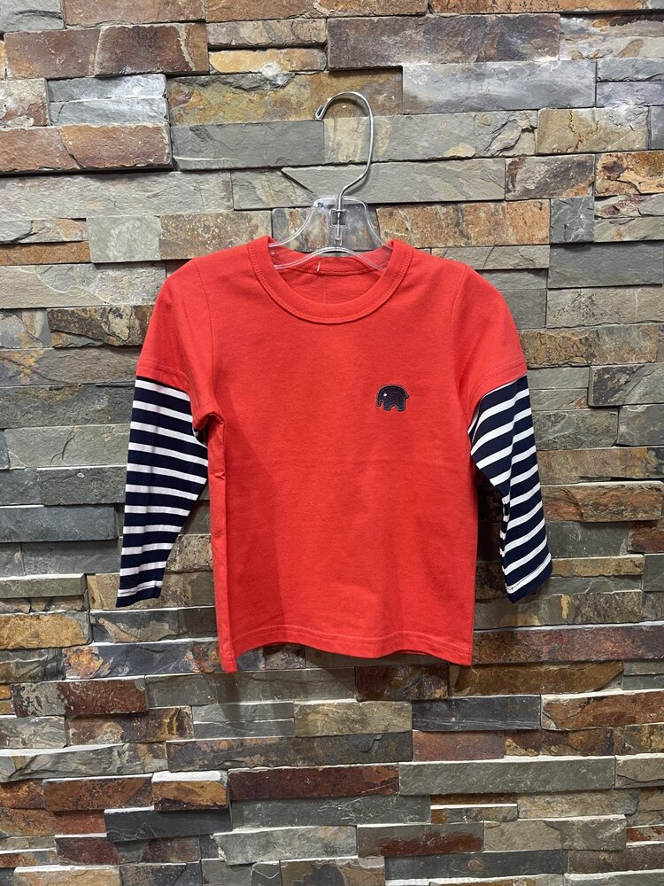 Tomato Red T-shirt w Navy Striped Sleeves and Elephant Patch