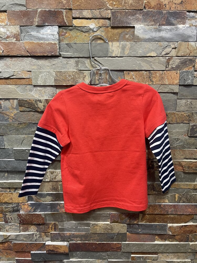 Tomato Red T-shirt w Navy Striped Sleeves and Elephant Patch